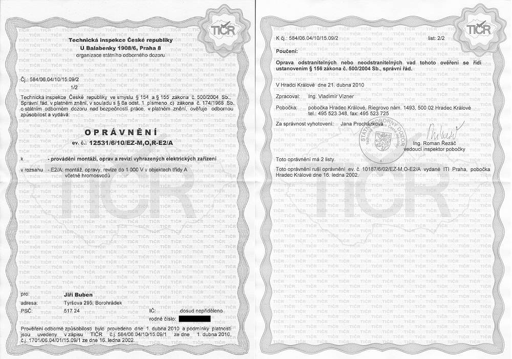 Oprávnění k provádění montáží, oprav a revizí vyhrazených elektrických zařízení. oprvnn